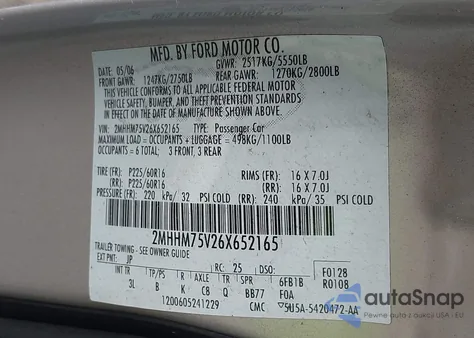 2006 Mercury Grand Marquis Ls из США, поврежденный, VIN 2MHHM75V26X652165